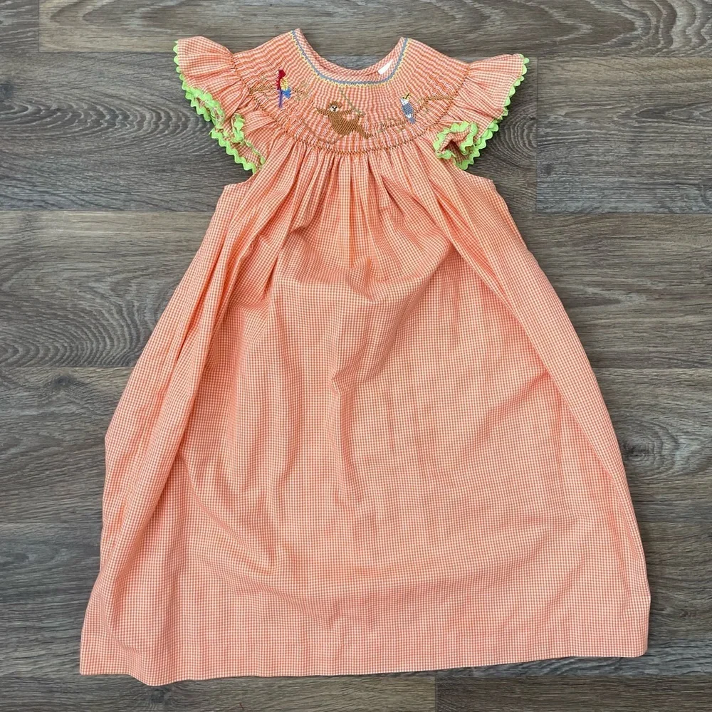 Mom & Me Smocked Orange Gingham Embroidered Fall Dress Girls Size 4